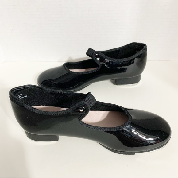 Capezio Tele Tone Tap Faux Patent Leather Tap Shoes Grosgrain Ribbon Trim Black - Picture 2 of 9